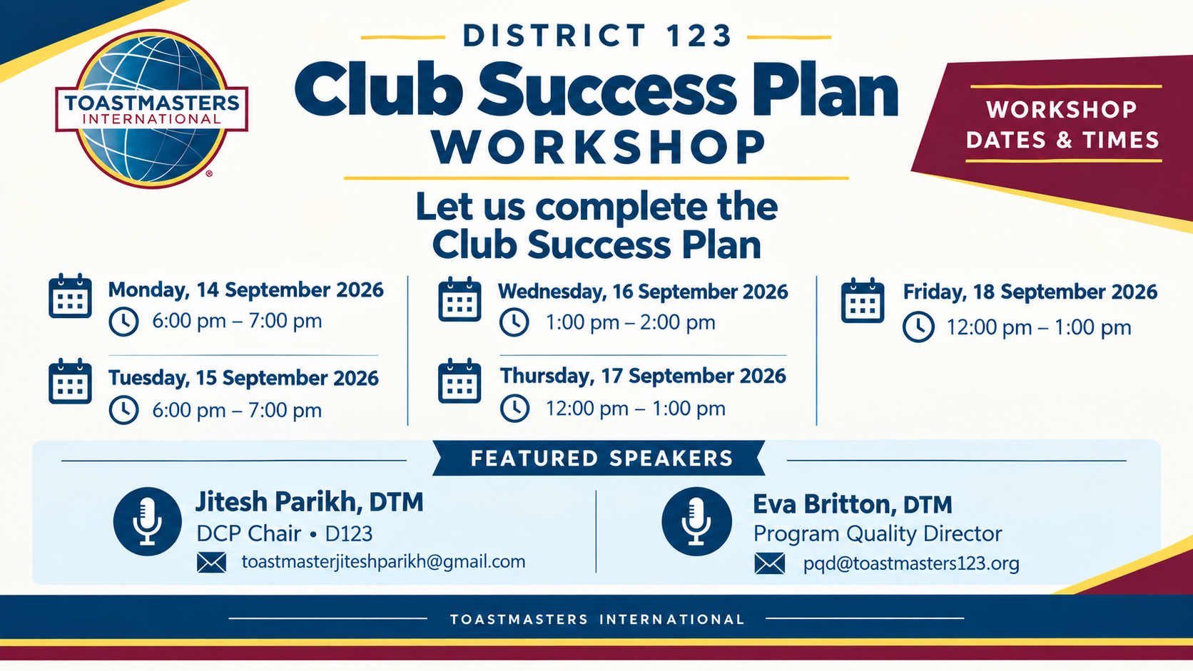 Club Success Plan Workshops September 16, 17, 18